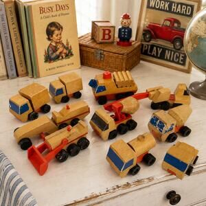 Vintage Mattel Wooden Construction Vehicles Lot Toy Fleet 1971-1973 Japan Korea